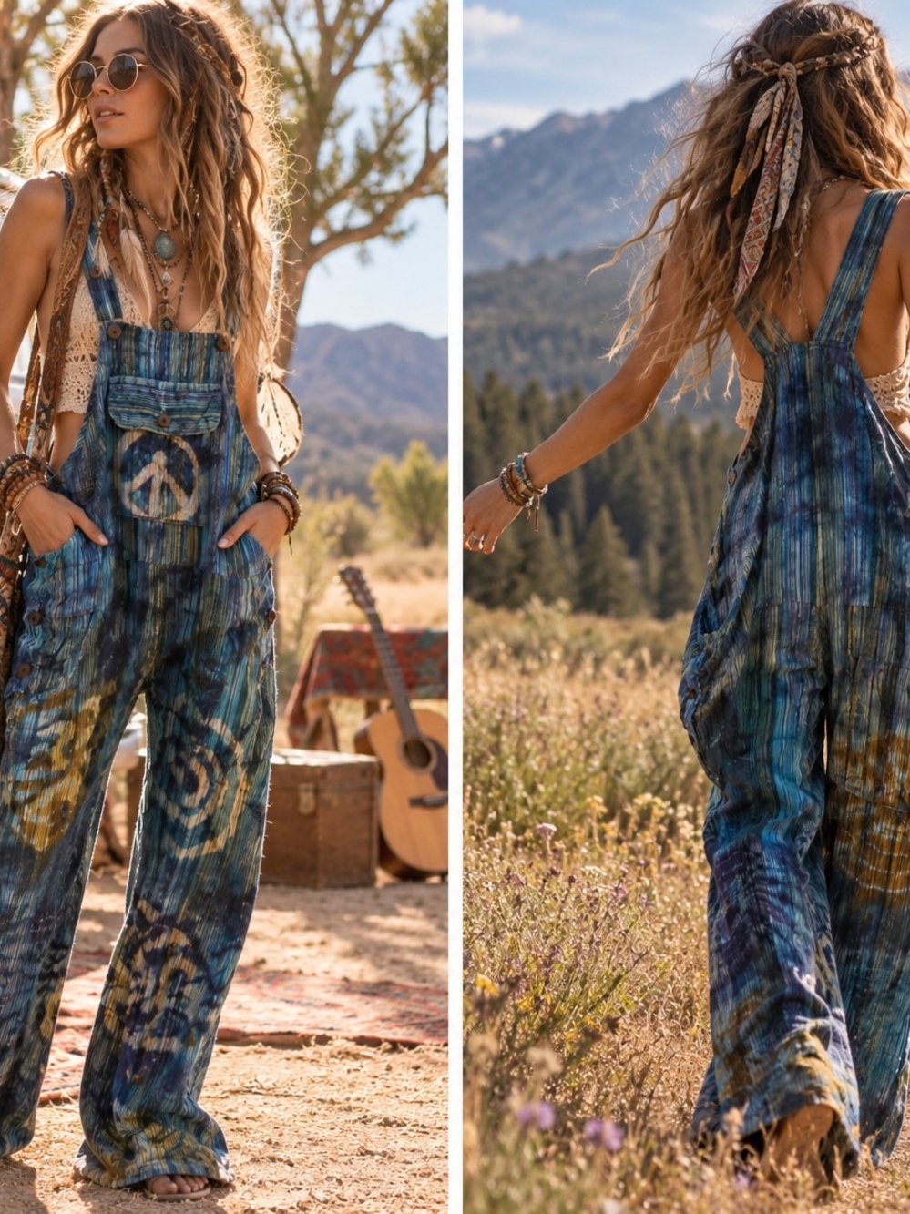 Boho Tie-Dye Peace Sign Wide-Leg Overalls